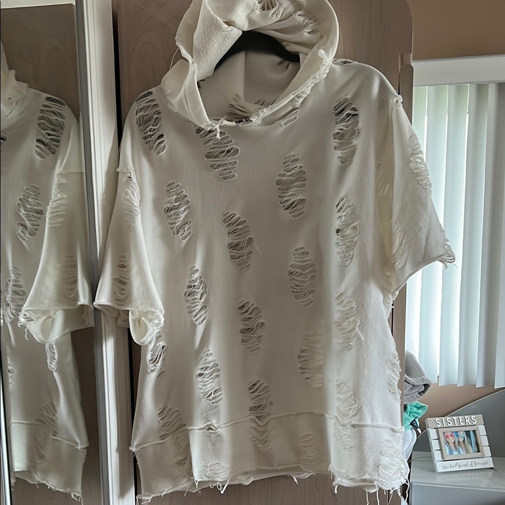 Distressed White Hoodie Top